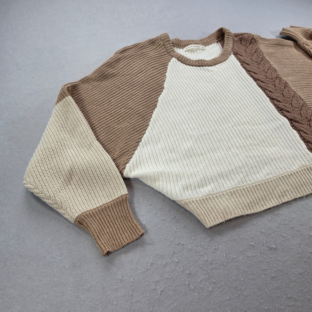 Moon & Madison Neutral Colorblock Cable Knit Cropped Sweater Brown Cream XS